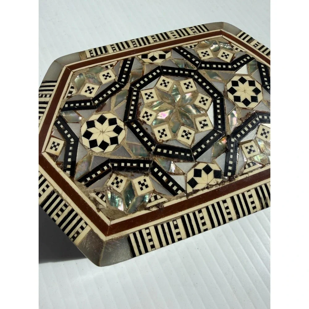 Vintage Egyptian Handmade Wood Jewelry Box Hexagon Mother of Pearl Inlay Mosaic